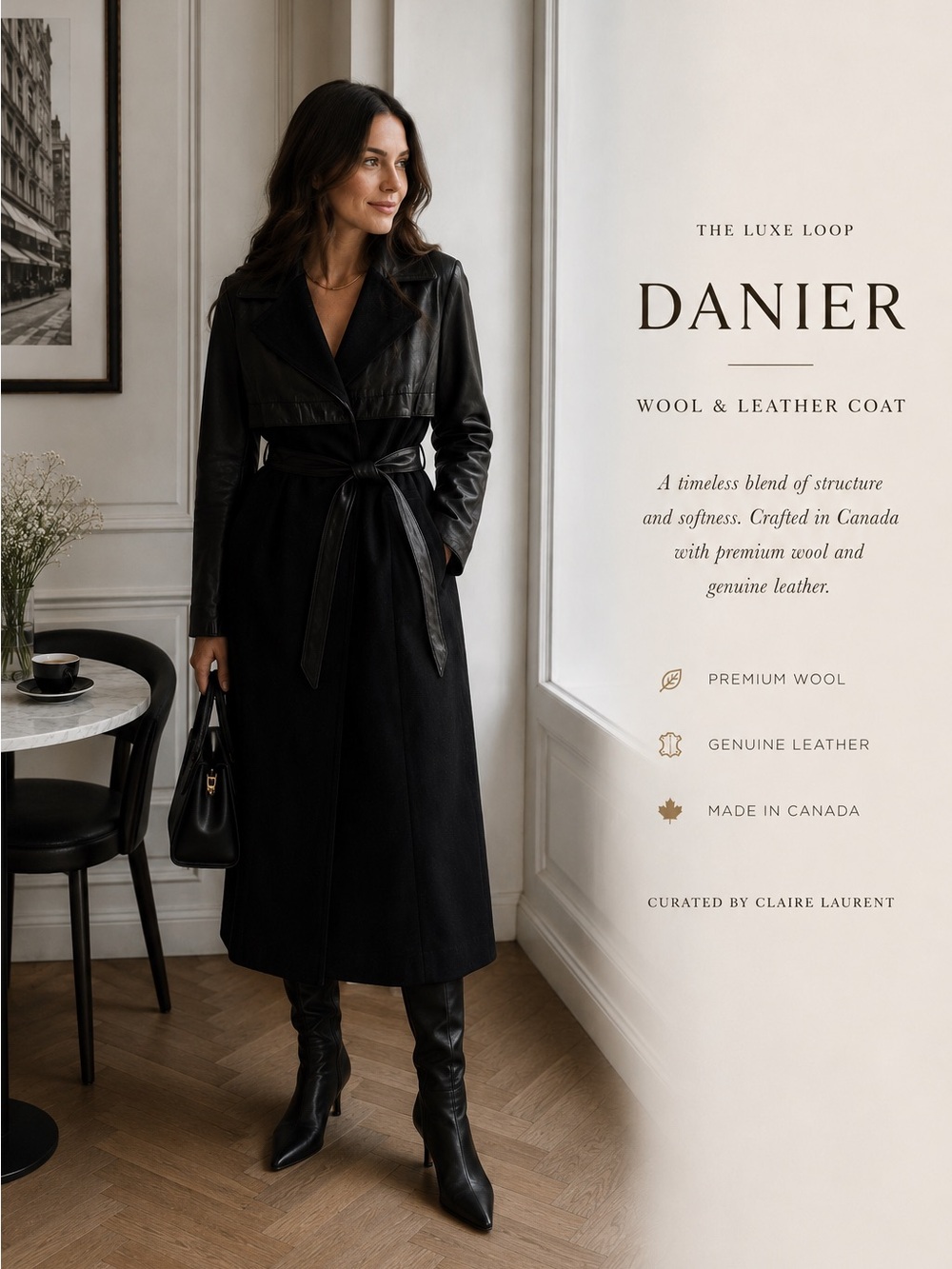 Danier Black Wool & Leather Belted Trench Coat